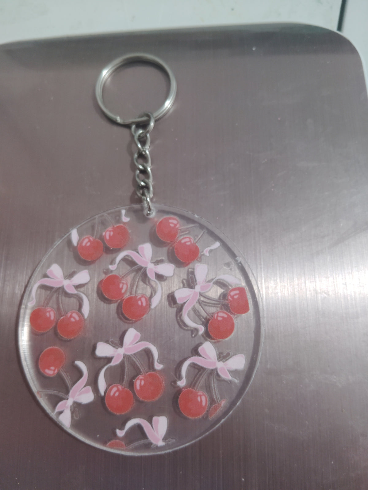 Pink bow girly bow & cherry keychain