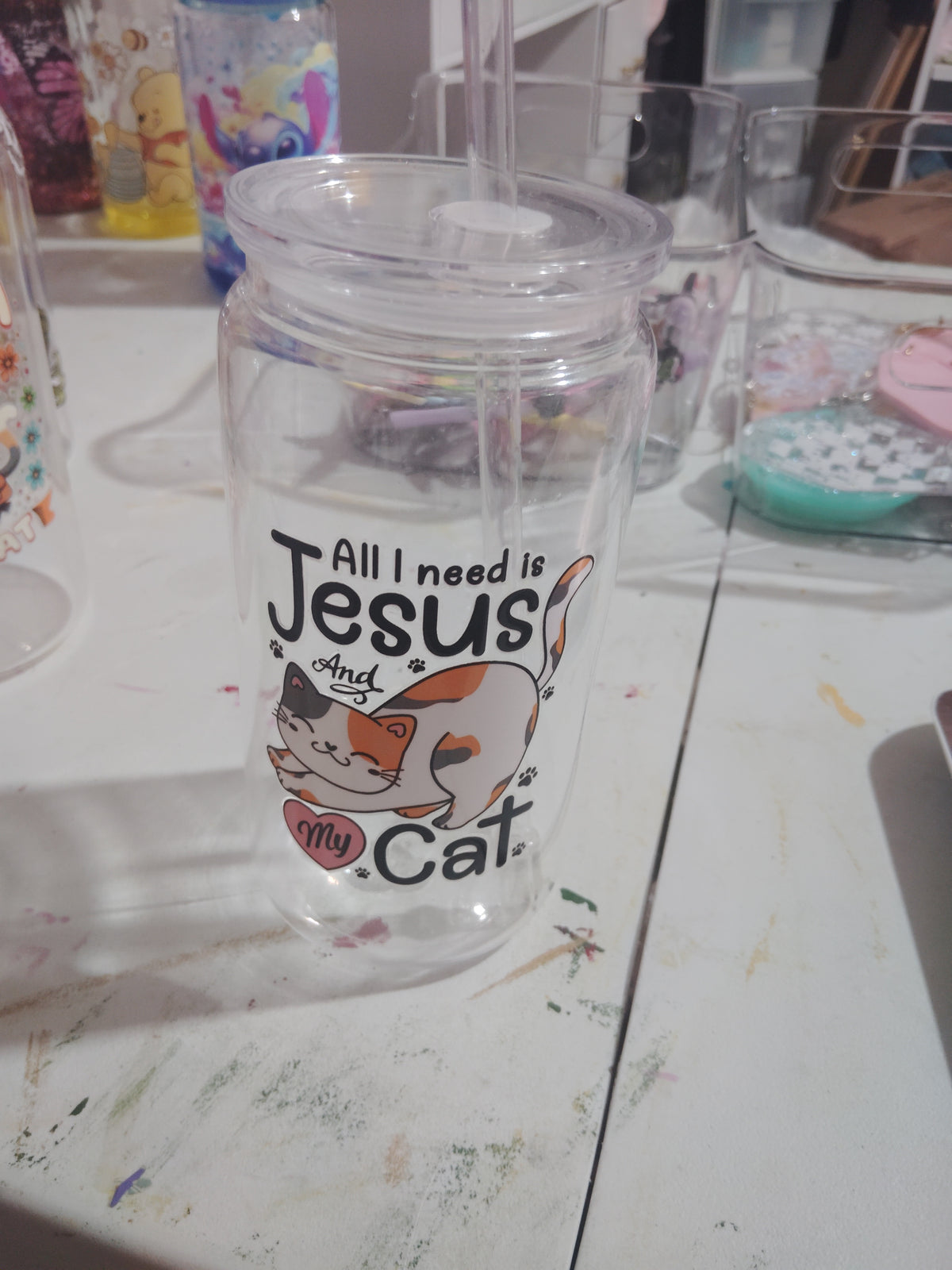 16 oz plastic cup "all I need is Jesus & my cat"