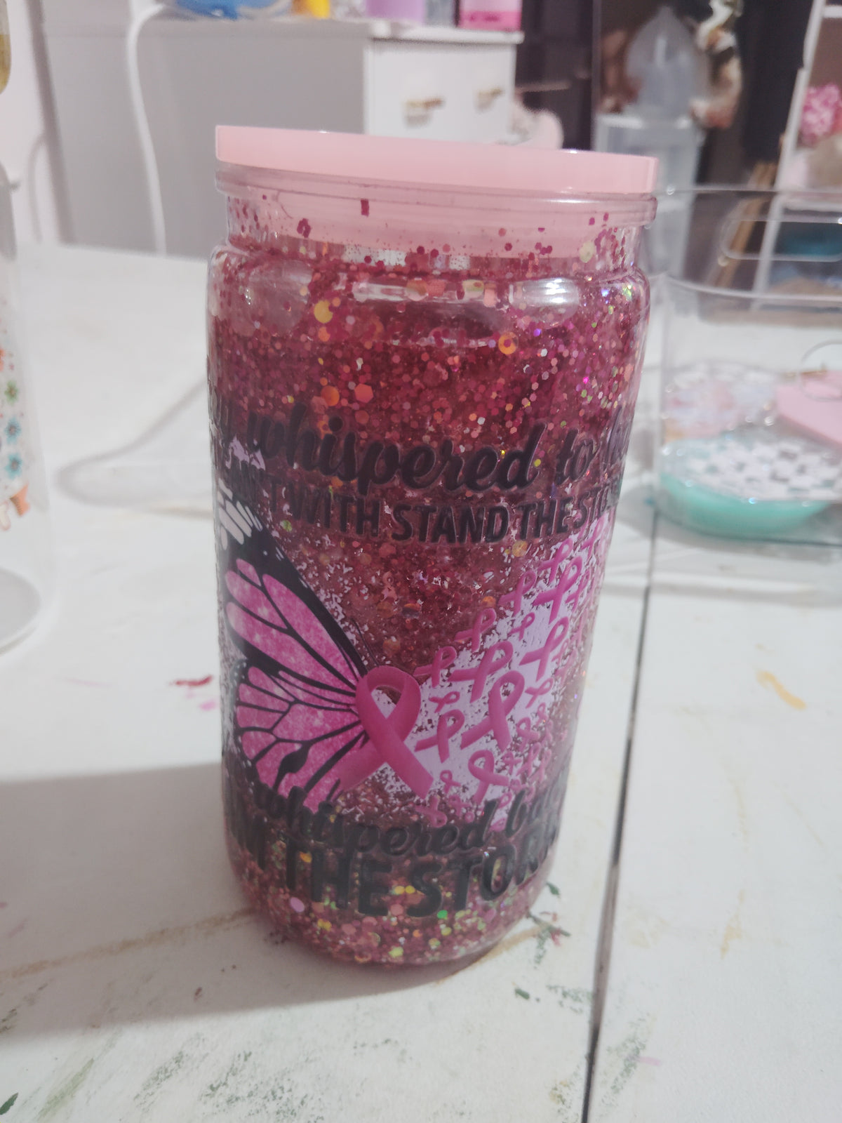 16 oz snowglobe breast cancer awareness cup