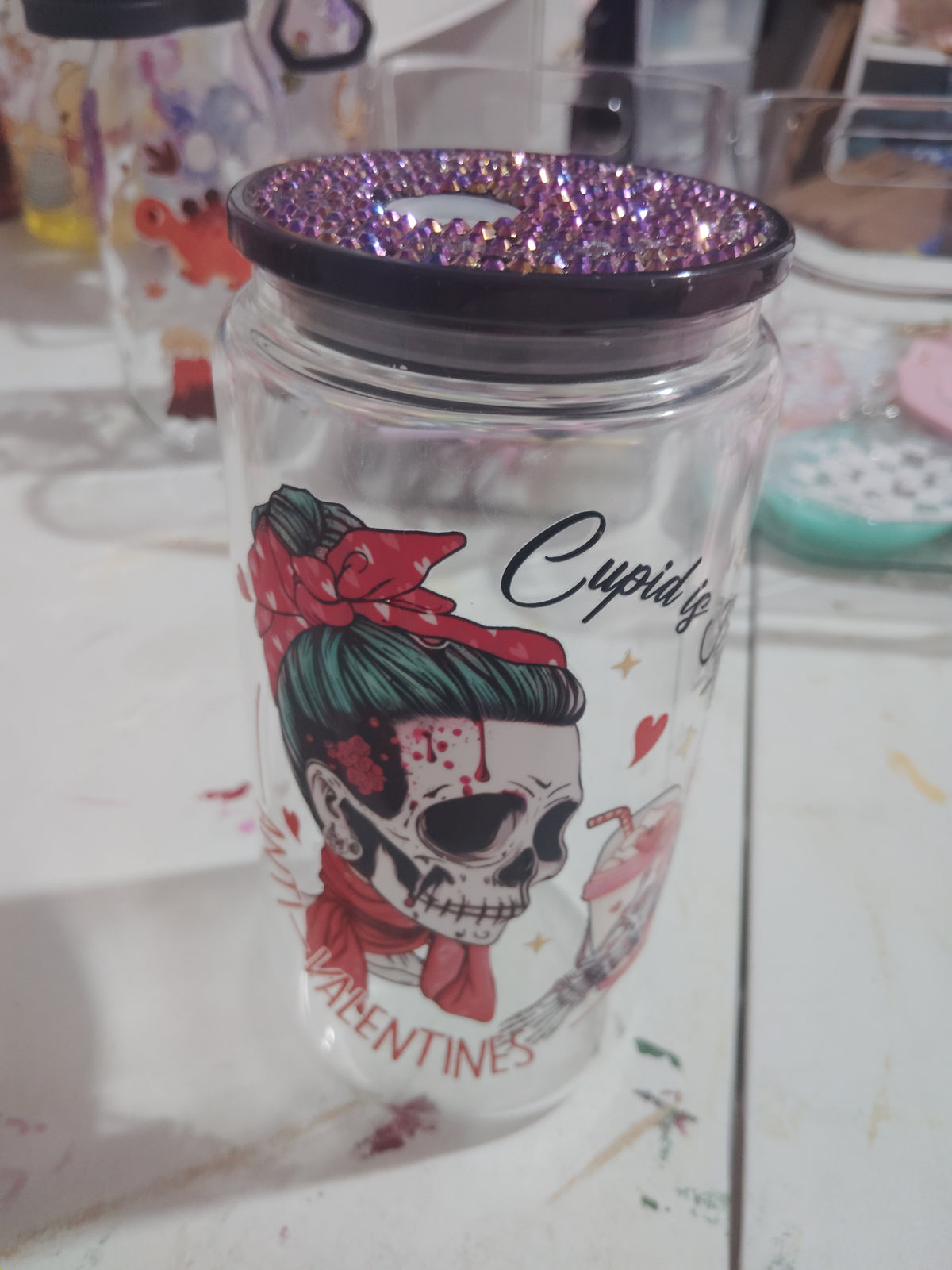 16 oz glass cupid is stupid anti Valentine's cup with bedazzled lid